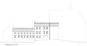 OTYŃ, zespół pałacowo-klasztorny, skrzydło północne, rekonstrukcja elewacji północnej z początku XVII wieku.