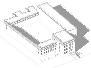 OTYŃ, rekonstrukcja bryły pałacu w początku XVII wieku. Wysokość wieży, wielkość skrzydła głównego i forma grzebienia attyki - hipotetyczna (oprac. A. Legendziewicz, D. Dobrasiak