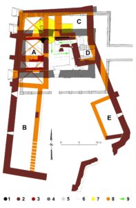 Ślęża-szczyt, pow. wrocławski, woj. dolnośląskie. Relikty architektury późnośredniowiecznego zamku, wczesnośredniowiecznych budowli opactwa kanoników regularnych i nowożytnego kościoła p.w. Nawiedzenia NMP. Przekrój poziomy: 1) Relikty romańskiej rotundy kanonickiej p.w. NMP; 2) relikty zamku późnośredniowiecznego – faza I; 3) relikty zamku późnośredniowiecznego – faza II; 4) mury nowożytnej świątyni p.w. Nawiedzenia NMP; 5) schody prowadzące do świątyni wraz z ogrodzeniem; 6) przybliżony zasięg odkrytej romańskiej rotundy kanonickiej p.w. NMP; 7) rekonstrukcja rzutu romańskiej rotundy kanonickiej p.w. NMP; 8) rekonstrukcja przebiegu murów zamkowych; 9) schody lub pochylnia; Literami A-E oznaczono budowle zamkowe. Pomiar i rozwarstwienie: Tomasz A. Kastek, Maciej Krzywka, Roland Mruczek i Michał Stefanowicz (1998-2012: w ramach prac zespołu Czesława Francke i Aleksandra Limisiewicza).