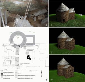 Ślęża-szczyt, pow. wrocławski, woj. dolnośląskie. Kościół p.w. Nawiedzenia NMP. a) Relikty romańskiej rotundy kanonickiej p.w. NMP, odkryte pod posadzkami obecnej świątyni w trakcie badań założenia zamkowego. Widok od strony południowo-zachodniej. Fot. R. Mruczek; b) rzut reliktów architektonicznych rotundy NMP i zamku książęcego z rozwarstwieniem chronologicznym. Pomiar i rozwarstwienie: Tomasz A. Kastek, Maciej Krzywka, Roland Mruczek i Michał Stefanowicz (1998-2012); c-e) wizja romańskiej rotundy kanonickiej p.w. NMP na szczycie Ślęży autorstwa Macieja Krzywki, wykonana w oparciu o pierwsze wyniki badań archeologiczno-architektonicznych.