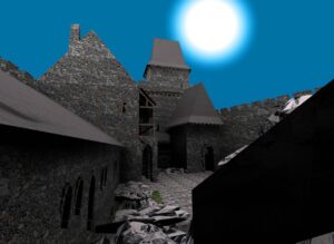 Rekonstrukcja zamku na Ślęży. Widok dziedzińca od SW (oprac. Anna Nawrocka pod kierunkiem Wojciecha Fabisiaka i Rolanda Mruczka