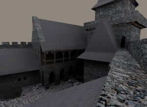 Rekonstrukcja zamku na Ślęży. Widok skrzydeł zamkowych od SE