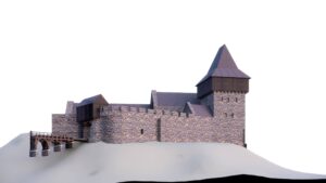 Rekonstrukcja zamku na Ślęży. Widok od E (fot. Szymon Tobias z zespołem pod kierunkiem Rolanda Mruczka