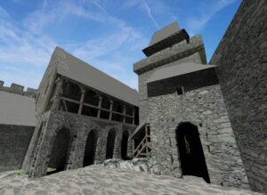 Rekonstrukcja zamku na Ślęży (autor: Anna Nawrocka pod kierunkiem Wojciecha Fabisiaka i Rolanda Mruczka / Muzeum Ślężańskie im. S. Dunajewskiego w Sobótce 2009). Widok dziedzińca od SE.