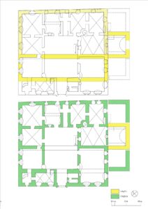 CZARNE, plan dworu z rozwarstwieniem chronologicznym ścian: FAZA 1 - lata 30. XVI w., FAZA II – lata 60. XVI w. (oprac. M. Chorowska, A. Walkowska)