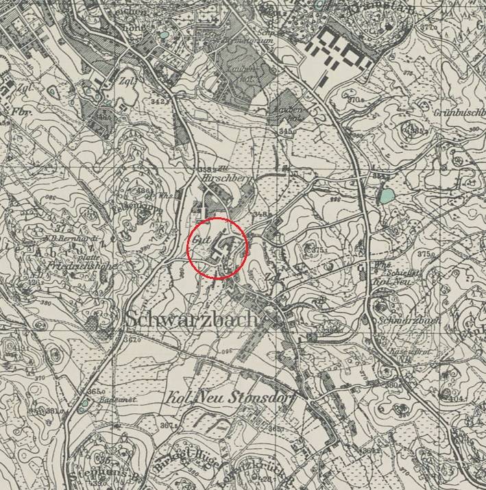 CZARNE, dwór, fragment mapy Messtischblatt z lokalizacją obiektu (oprac. P. Błoniewski, Katalog Zamków i Dworów Obronnych Śląska [https://zamki.pwr.edu.pl/]. Licencja: CC BY-NC 4.0 [https://creativecommons.org/licenses/by-nc/4.0/])