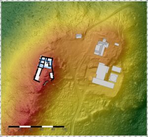Ślęża-szczyt, zespół budynków na numerycznym modelu terenu