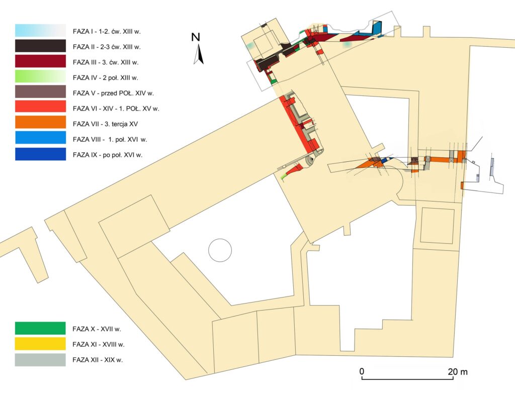 WROCŁAW, ZAMEK LEWOBRZEŻNY, relikty architektury odkryte w latach 1999-2005 wraz z rozwarstwieniem chronologicznym. Nowe opracowanie na podstawie: