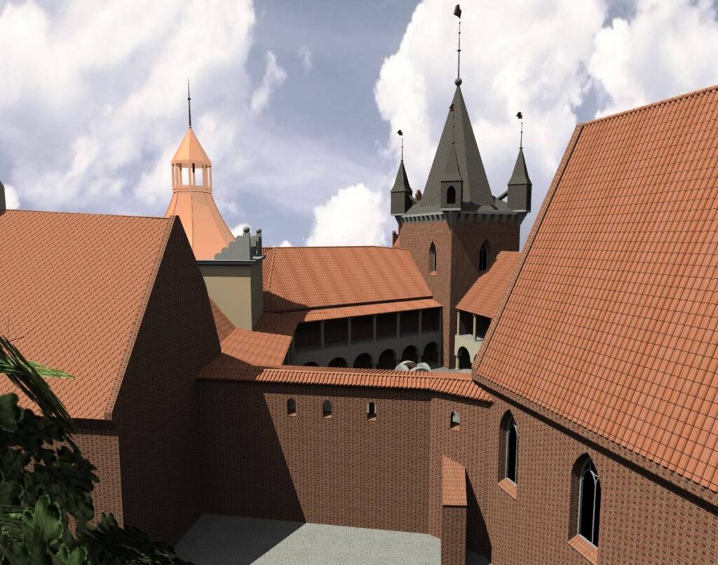 WROCŁAW, ZAMEK LEWOBRZEŻNY, Rekonstrukcja założenia zamkowego w czasach nowożytnych wg M. Cabana; dziedziniec SE, widok od E (archiwum Katedry Historii Architektury, Sztuki i Techniki PWR, 2010, Katalog Zamków i Dworów Obronnych Śląska [https://zamki.pwr.edu.pl/]. Licencja: CC BY-NC 4.0 [https://creativecommons.org/licenses/by-nc/4.0/])