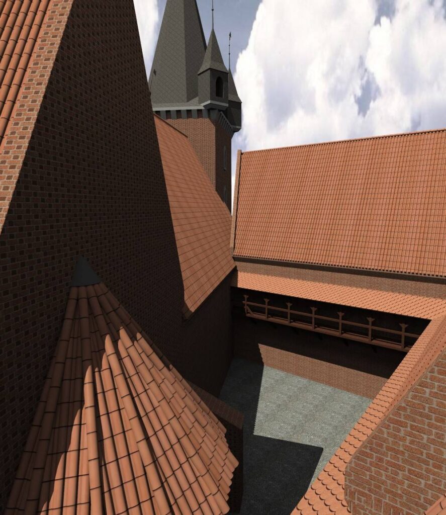 WROCŁAW, ZAMEK LEWOBRZEŻNY, Rekonstrukcja założenia zamkowego w czasach nowożytnych wg M. Cabana; dziedziniec NE, widok od S (archiwum Katedry Historii Architektury, Sztuki i Techniki PWR, 2010, Katalog Zamków i Dworów Obronnych Śląska [https://zamki.pwr.edu.pl/]. Licencja: CC BY-NC 4.0 [https://creativecommons.org/licenses/by-nc/4.0/])