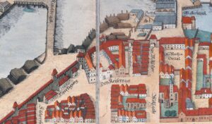 Zamek lewobrzeżny (w środku) i Wróble Wzgórze (po lewej) wraz z otoczeniem w postaci murów obronnych Wrocławia, dawnej Osady żydowskiej, kościoła cmentarnego p.w. św. Agnieszki i kościoła p.w. św. Macieja wraz z klasztorem Krzyżowców z Czerwoną Gwiazdą. na planie widokowym Contrafactur der Stadt Breslau autorstwa Barthela i Barthela (syna) Weinerów z 1562 r. (faksymile oryginału z 1562 r., wydana w drukarni Carla Foerstera we Wrocławiu w 1826 r.): https://bibliotekacyfrowa.pl/publication/120883