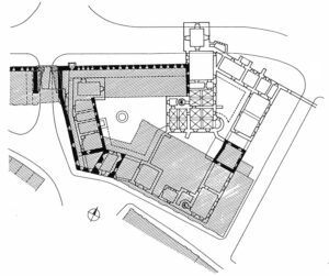 Zamek lewobrzeżny. Próba rekonstrukcji planu założenia wg K. Bimlera 1933 (współczesne opracowanie graficzne K. Kwaśniewski 1997).