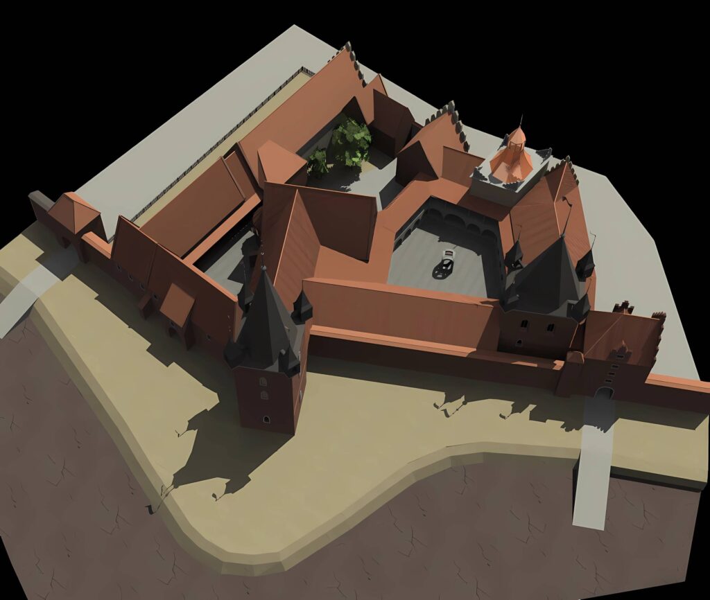 WROCŁAW, ZAMEK LEWOBRZEŻNY, Rekonstrukcja założenia zamkowego w czasach nowożytnych wg M. Cabana; widok od NW (archiwum Katedry Historii Architektury, Sztuki i Techniki PWR, 2010)