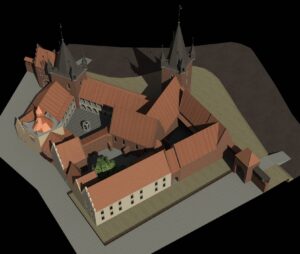 WROCŁAW, ZAMEK LEWOBRZEŻNY, Rekonstrukcja założenia zamkowego w czasach nowożytnych wg M. Cabana; widok od SE (archiwum Katedry Historii Architektury, Sztuki i Techniki PWR, 2010, Katalog Zamków i Dworów Obronnych Śląska [https://zamki.pwr.edu.pl/]. Licencja: CC BY-NC 4.0 [https://creativecommons.org/licenses/by-nc/4.0/])