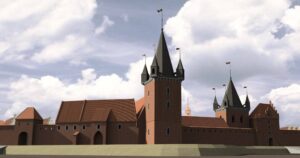 WROCŁAW, ZAMEK LEWOBRZEŻNY, Rekonstrukcja założenia zamkowego w czasach nowożytnych wg M. Cabana; widok od N (archiwum Katedry Historii Architektury, Sztuki i Techniki PWR, 2010, Katalog Zamków i Dworów Obronnych Śląska [https://zamki.pwr.edu.pl/]. Licencja: CC BY-NC 4.0 [https://creativecommons.org/licenses/by-nc/4.0/])