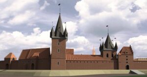 WROCŁAW, ZAMEK LEWOBRZEŻNY, Rekonstrukcja założenia zamkowego w czasach nowożytnych wg M. Cabana; widok od NW (archiwum Katedry Historii Architektury, Sztuki i Techniki PWR, 2010, Katalog Zamków i Dworów Obronnych Śląska [https://zamki.pwr.edu.pl/]. Licencja: CC BY-NC 4.0 [https://creativecommons.org/licenses/by-nc/4.0/])