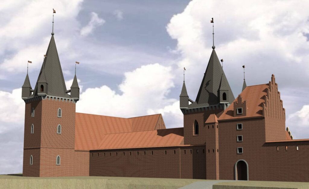 WROCŁAW, ZAMEK LEWOBRZEŻNY, Rekonstrukcja założenia zamkowego w czasach nowożytnych wg M. Cabana; widok od W (archiwum Katedry Historii Architektury, Sztuki i Techniki PWR, 2010, Katalog Zamków i Dworów Obronnych Śląska [https://zamki.pwr.edu.pl/]. Licencja: CC BY-NC 4.0 [https://creativecommons.org/licenses/by-nc/4.0/])