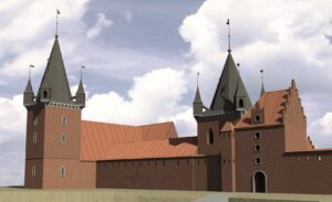 WROCŁAW, ZAMEK LEWOBRZEŻNY, Rekonstrukcja założenia zamkowego w czasach nowożytnych wg M. Cabana; widok od W (archiwum Katedry Historii Architektury, Sztuki i Techniki PWR, 2010, Katalog Zamków i Dworów Obronnych Śląska [https://zamki.pwr.edu.pl/]. Licencja: CC BY-NC 4.0 [https://creativecommons.org/licenses/by-nc/4.0/])