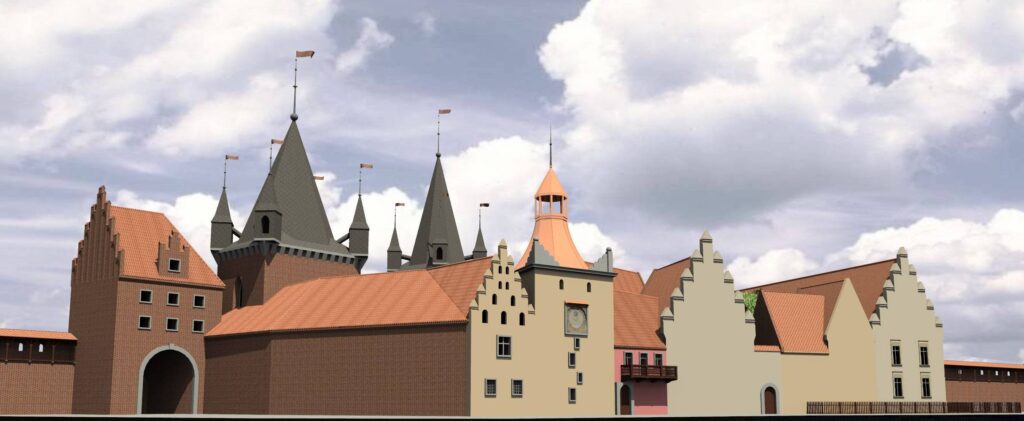 WROCŁAW, ZAMEK LEWOBRZEŻNY, Rekonstrukcja założenia zamkowego w czasach nowożytnych wg M. Cabana; widok od S (archiwum Katedry Historii Architektury, Sztuki i Techniki PWR, 2010, Katalog Zamków i Dworów Obronnych Śląska [https://zamki.pwr.edu.pl/]. Licencja: CC BY-NC 4.0 [https://creativecommons.org/licenses/by-nc/4.0/])