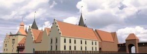 WROCŁAW, ZAMEK LEWOBRZEŻNY, Rekonstrukcja założenia zamkowego w czasach nowożytnych wg M. Cabana; widok od SE (archiwum Katedry Historii Architektury, Sztuki i Techniki PWR, 2010, Katalog Zamków i Dworów Obronnych Śląska [https://zamki.pwr.edu.pl/]. Licencja: CC BY-NC 4.0 [https://creativecommons.org/licenses/by-nc/4.0/])