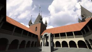 WROCŁAW, ZAMEK LEWOBRZEŻNY, Rekonstrukcja założenia zamkowego w czasach nowożytnych wg M. Cabana; dziedziniec W, widok od S (archiwum Katedry Historii Architektury, Sztuki i Techniki PWR, 2010, Katalog Zamków i Dworów Obronnych Śląska [https://zamki.pwr.edu.pl/]. Licencja: CC BY-NC 4.0 [https://creativecommons.org/licenses/by-nc/4.0/])