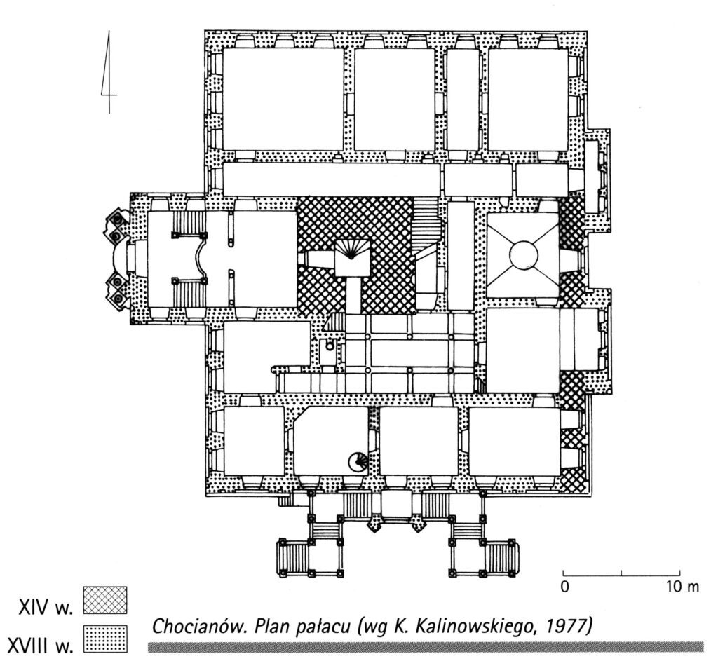 CHOCIANÓW, plan pałacu z wyodrębnieniem części gotyckiej (XIV w.) i barokowej (XVIII w.), według opracowania K. Kalinowskiego z 1977 roku (fot. A. Boguszewicz, Katalog Zamków i Dworów Obronnych Śląska [https://zamki.pwr.edu.pl/]. Licencja: CC BY-NC 4.0 [https://creativecommons.org/licenses/by-nc/4.0/] [https://creativecommons.org/licenses/by-nc/4.0/])