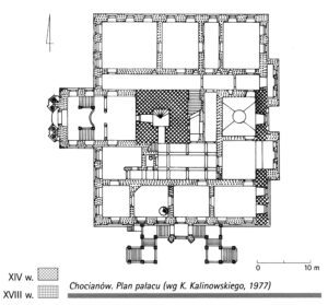 CHOCIANÓW, plan pałacu z wyodrębnieniem części gotyckiej (XIV w.) i barokowej (XVIII w.), według opracowania K. Kalinowskiego z 1977 roku (fot. A. Boguszewicz, Katalog Zamków i Dworów Obronnych Śląska [https://zamki.pwr.edu.pl/]. Licencja: CC BY-NC 4.0 [https://creativecommons.org/licenses/by-nc/4.0/] [https://creativecommons.org/licenses/by-nc/4.0/])