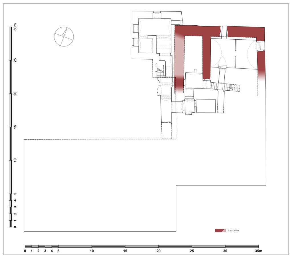 KĄTKI, inwentaryzacja piwnic z podziałem na fazy: 1 – mury z XIV w., 2 – pozostałe mury (opr. P. Błoniewski , Katalog Zamków i Dworów Obronnych Śląska [https://zamki.pwr.edu.pl/]. Licencja: CC BY-NC 4.0 [https://creativecommons.org/licenses/by-nc/4.0/])
