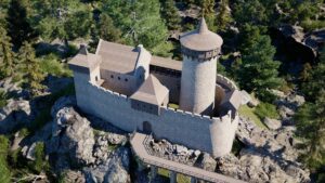 RYBNICA LEŚNA. Zamek Radosno, rekonstrukcja widoku od góry autorstwa zespołu: Klaudia Bibrowska, Zofia Golańska, Róża Krawczyk pod kierownictwem Rolanda Mruczka