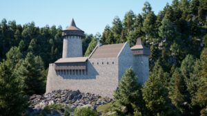 RYBNICA LEŚNA. Zamek Radosno, widok od północy, rekonstrukcja zamku autorstwa zespołu: Klaudia Bibrowska, Zofia Golańska, Róża Krawczyk pod kierownictwem Rolanda Mruczka (2023/24: Wydział Architektury Politechniki Wrocławskiej, Katalog Zamków i Dworów Obronnych Śląska [https://zamki.pwr.edu.pl/]. Licencja: CC BY-NC 4.0 [https://creativecommons.org/licenses/by-nc/4.0/])