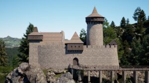 RYBNICA LEŚNA. Zamek Radosno, rekonstrukcja widoku od góry autorstwa zespołu: Klaudia Bibrowska, Zofia Golańska, Róża Krawczyk pod kierownictwem Rolanda Mruczka