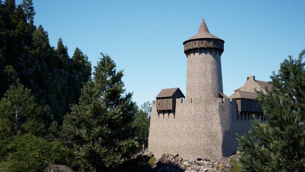 RYBNICA LEŚNA. Zamek Radosno, widok od wschodu, rekonstrukcja zamku autorstwa zespołu: Klaudia Bibrowska, Zofia Golańska, Róża Krawczyk pod kierownictwem Rolanda Mruczka (2023/24: Wydział Architektury Politechniki Wrocławskiej, Katalog Zamków i Dworów Obronnych Śląska [https://zamki.pwr.edu.pl/]. Licencja: CC BY-NC 4.0 [https://creativecommons.org/licenses/by-nc/4.0/])