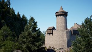 RYBNICA LEŚNA. Zamek Radosno, widok od wschodu, rekonstrukcja zamku autorstwa zespołu: Klaudia Bibrowska, Zofia Golańska, Róża Krawczyk pod kierownictwem Rolanda Mruczka (2023/24: Wydział Architektury Politechniki Wrocławskiej, Katalog Zamków i Dworów Obronnych Śląska [https://zamki.pwr.edu.pl/]. Licencja: CC BY-NC 4.0 [https://creativecommons.org/licenses/by-nc/4.0/])