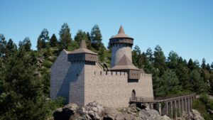 RYBNICA LEŚNA. Zamek Radosno, widok od zachodu, rekonstrukcja zamku autorstwa zespołu: Klaudia Bibrowska, Zofia Golańska, Róża Krawczyk pod kierownictwem Rolanda Mruczka (2023/24: Wydział Architektury Politechniki Wrocławskiej, Katalog Zamków i Dworów Obronnych Śląska [https://zamki.pwr.edu.pl/]. Licencja: CC BY-NC 4.0 [https://creativecommons.org/licenses/by-nc/4.0/])