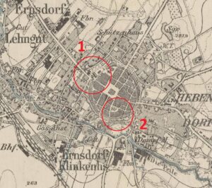 DZIERŻONIÓW, lokalizacja zamków na fragmencie przedwojennej mapy katastralnej Mestischblatt., ark. Reichenbach, wyd. w 1919 r.: 1 – zamek książęcy, 2 – zamek wójtowski/Hummel (opr. Piotr Błoniewski)