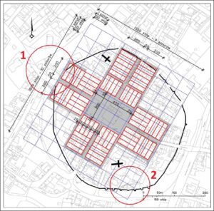 DZIERŻONIÓW, rekonstrukcja parcelacji z czasów lokacji miasta z zaznaczeniem obu zamków: 1 – zamek książęcy, 2 – zamek wójtowski/Hummel (opr. Małgorzata Chorowska)