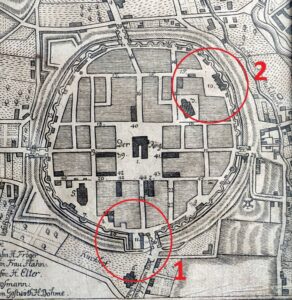 DZIERŻONIÓW, lokalizacja zamków na mapie Augusta Sadebecka z 1790 r.: 11 – zamek książęcy, 10 – zamek Hummel, fragment miedziorytu (zbiory Piotra Siemko)