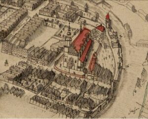 DZIERŻONIÓW, kościół parafialny i ruina zamku Hummel na fragmencie planu widokowego Dzierżoniowa F.B. Wernera z poł. XVIII w.