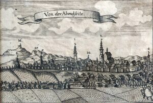 DZIERŻONIÓW, panorama miasta od zach., fragment miedziorytu A. Sadebecka z 1790 r. (zbiory Piotra Siemki); pozostałości zamku Hummel oznaczone nr 10