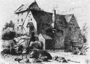 PASTUCHÓW, wieża i dwór z kuchnią na drzeworycie Theodora Blätterbauera, sprzed 1885 r. opublikowany w (za Schroller II, s. 193)