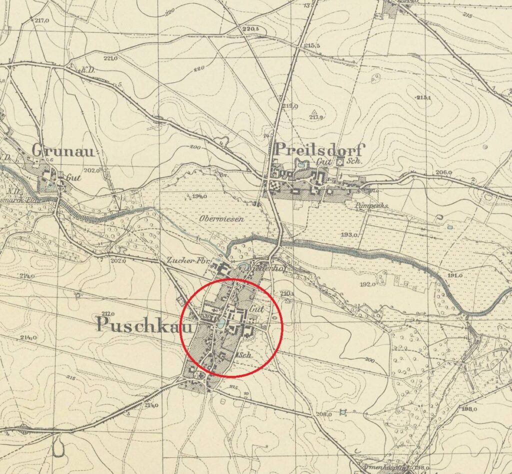 PASTUCHÓW, położenie dworu na Mestischblattt, ark. Striegau wyd. w 1932 r. (opr. P.Błoniewski)