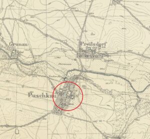 PASTUCHÓW, położenie dworu na Mestischblattt, ark. Striegau wyd. w 1932 r. (opr. P.Błoniewski)
