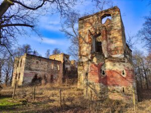 PIELASZKOWICE, ruina zamku od płd. Na pierwszym planie basteja nadbudowana wieżą, 2023 (fot. M. Bogdała)