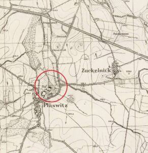 PIELASZKOWICE, lokalizacja zamku na Mtbl, ark. Kostenblut wyd. w 1936 (opr. P. Błoniewski)