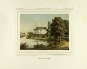 SZCZEPANÓW, pałac w Szczepanowie w 1864 r., chromolitografia A. Dunckera, 1863–1864, nr 314 (archiwum Piotra Siemko, Katalog Zamków i Dworów Obronnych Śląska [https://zamki.pwr.edu.pl/]. Licencja: CC BY-NC 4.0 [https://creativecommons.org/licenses/by-nc/4.0/])