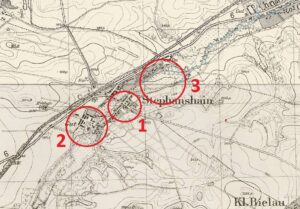 SZCZEPANÓW, lokalizacja dworów na mapie Mtbl. ark. Weizenrodau, wyd. 1936: 1 – dwór środkowy, 2 – dwór górny, 3 – dwór dolny (opr. Piotr Błoniewski, Katalog Zamków i Dworów Obronnych Śląska [https://zamki.pwr.edu.pl/]. Licencja: CC BY-NC 4.0 [https://creativecommons.org/licenses/by-nc/4.0/])