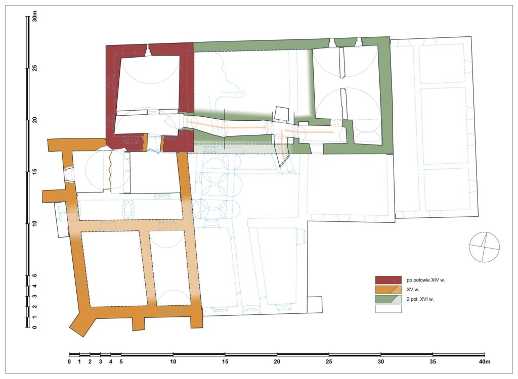 SZCZEPANÓW, rzut piwnic dworu górnego z podziałem na fazy: 1 – mury z 1 poł. XIV w., 2 – mury z poł. XIV–poł. XV w., 3 – 2 poł. XVI w. (opr. Piotr Błoniewski, Małgorzata Chorowska, Katalog Zamków i Dworów Obronnych Śląska [https://zamki.pwr.edu.pl/]. Licencja: CC BY-NC 4.0 [https://creativecommons.org/licenses/by-nc/4.0/])