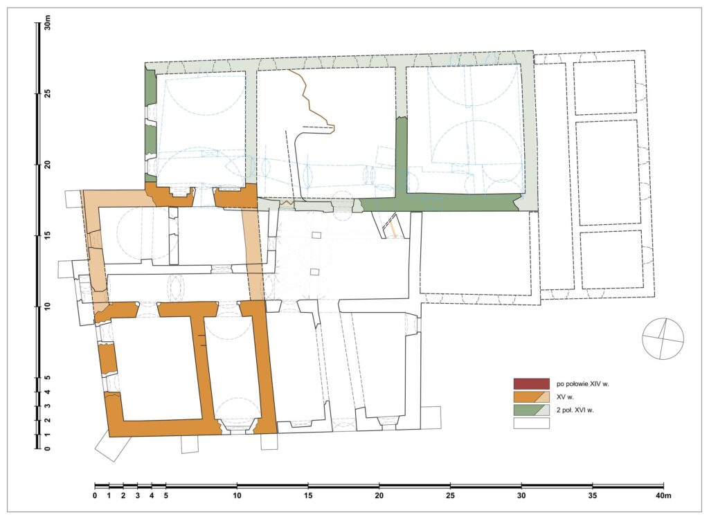 SZCZEPANÓW, rzut parteru dworu górnego z podziałem na fazy: 1 – mury z 1 poł. XIV w., 2 – mury z poł. XIV–poł. XV w., 3 – 2 poł. XVI w. (opr. Piotr Błoniewski, Małgorzata Chorowska, Katalog Zamków i Dworów Obronnych Śląska [https://zamki.pwr.edu.pl/]. Licencja: CC BY-NC 4.0 [https://creativecommons.org/licenses/by-nc/4.0/])