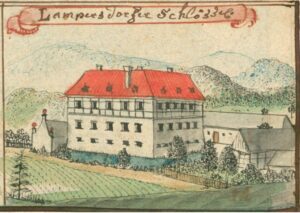 GRODZISZCZE, dwór na rycinie F.B. Wernera (Werner, 1754)