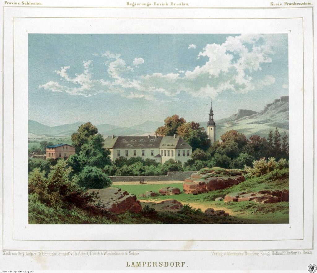 GRODZISZCZE, pałac i kościół w Grodziszczu na litografii z teki A. Dunckera (nr 667)